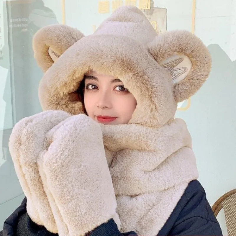 Hat Scarf and Gloves Three-Piece Set Winter Warmth Women's Fashionable Versatile Neckwarmer Korean Style Cute Embroidered Bear