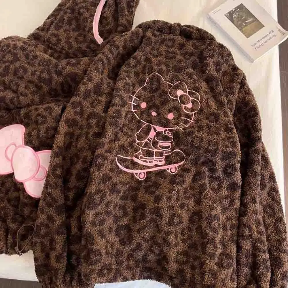 Sanrio Hello Kitty Two-Piece Women's Brown 2025 Winter Pink Leopard Print Suede Pajamas Casual Loose and Comfortable Home Wear