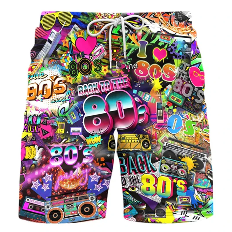 Colorful 80s 90s Graffiti Cartoon 3D Print Beach Shorts Men's Swimsuits Surfing Board Sports Pants Swimwear Trunks Man Clothing