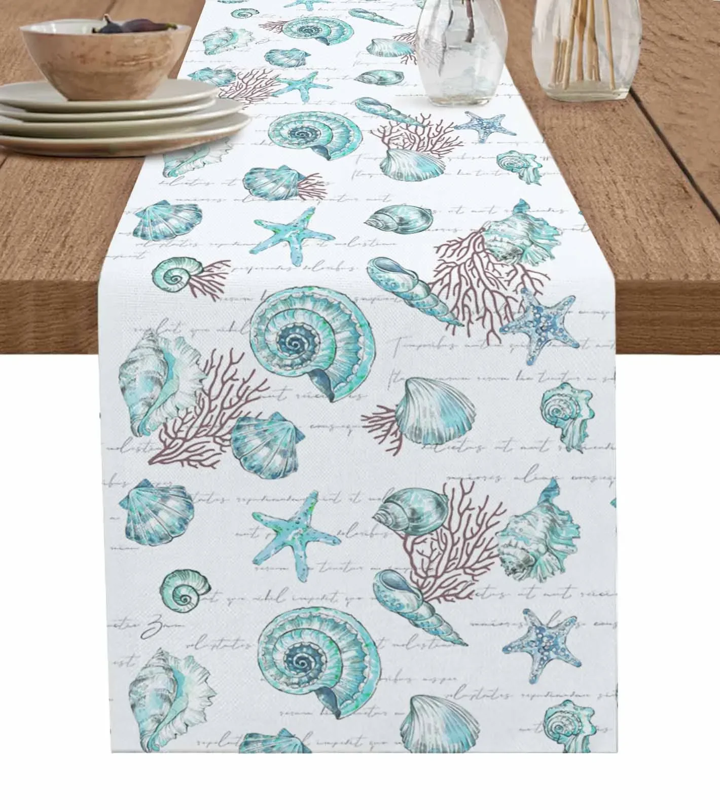 Starfish And Shells Coral Retro Linen Table Runners Kitchen Table Decoration Dining Table Runner Wedding Party Supplies