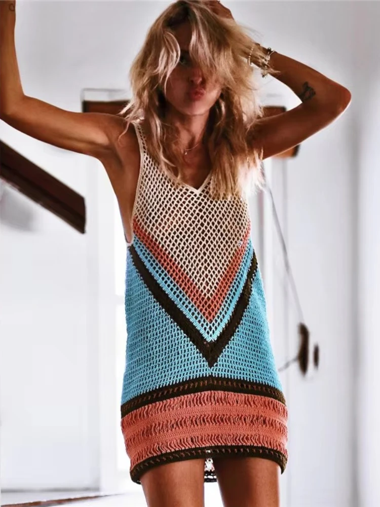 

Crochet Summer Beach Dress Cover Up Sexy Hollow Out Mesh Knitted Tunic Swimsuit Coverup Womens Beach Sarong Robe De Plage