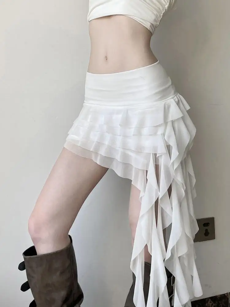 

French Vintage Women White High Waist Sexy Ruffle Edge Party Skirt Summer Blue Elegant Slim Versatile Irregular Cake Short Skirt