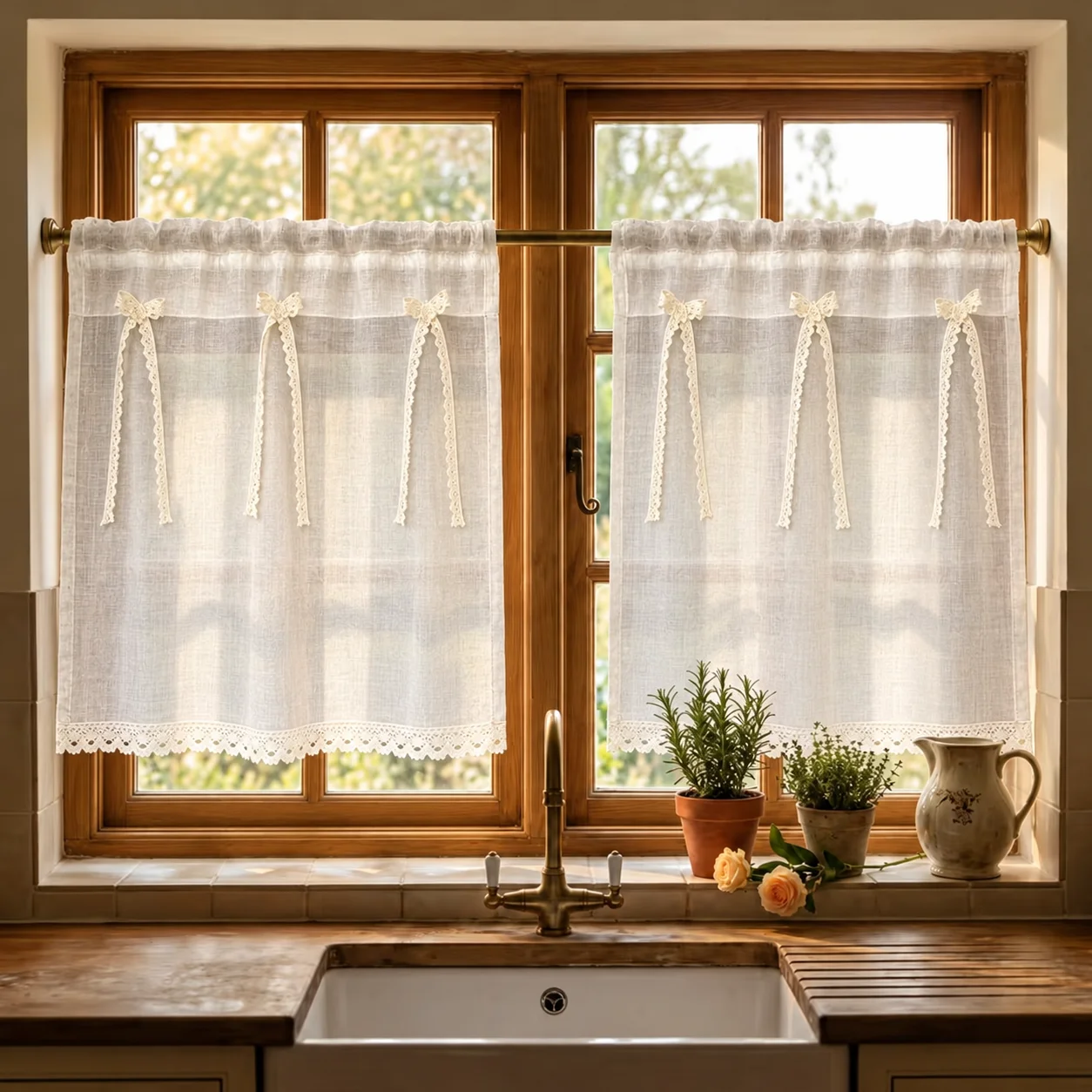 2 Panels Japanese Vintage Striped Linen Look Cafe Curtains,Rustic Farmhouse Short Curtains with Decorative Lace Bowsand Lace Trim, Rod Pocket Tier Curtains for Kitchen,Cabinets, Oven Cover Curtain, Under Sink, Living Room,Cottage & Home Decor