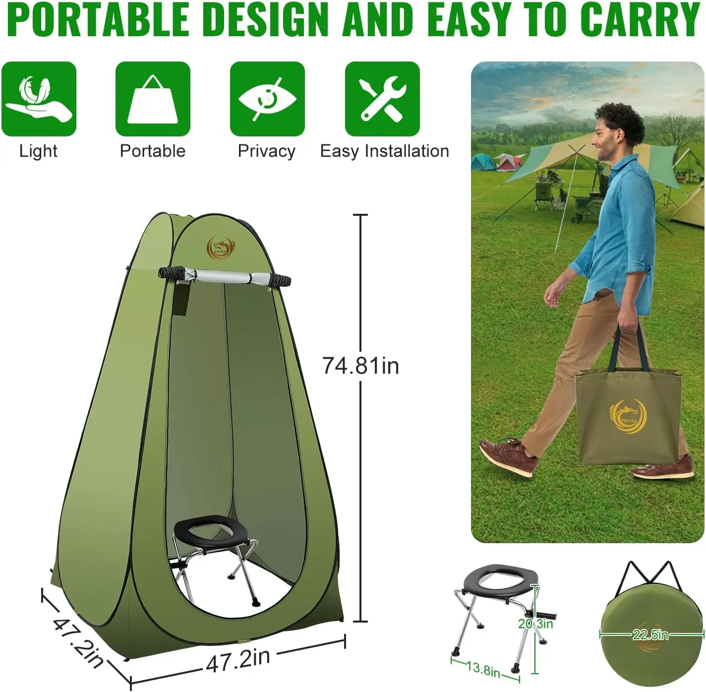 طقم خيمة تواليت محمولة للتخييم للبالغين، خيمة خصوصية منبثقة، خيمة دش خارجية لتغيير غرفة الملابس مع حقيبة حمل