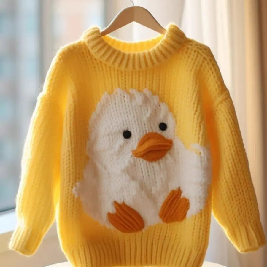 Korean Jacquard Wool Knit Sweater Autumn Winter Gentle Yellow Duck Cashmere Pullover Loose O-Neck Soft Knitwear Lazy Style 084H