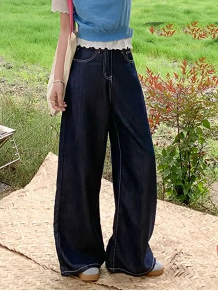 

Небесные шелковые брюки женские ретро синие с высокой талией свободный крой узкие широкие летние универсальные джинсовые джинсы