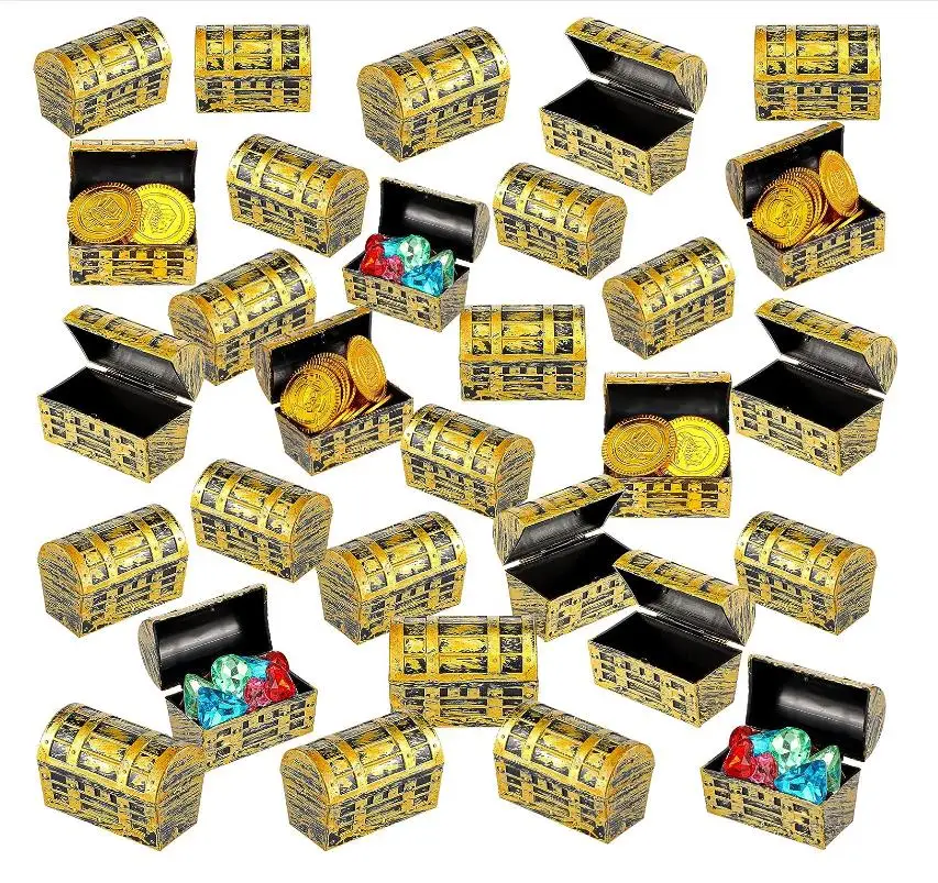 

404Pcs Pirate Treasure Chests With Plastic Gold Coins Colorful Jewels Vintage Jewelry Box Games Toy Set Halloween Dcocotaions