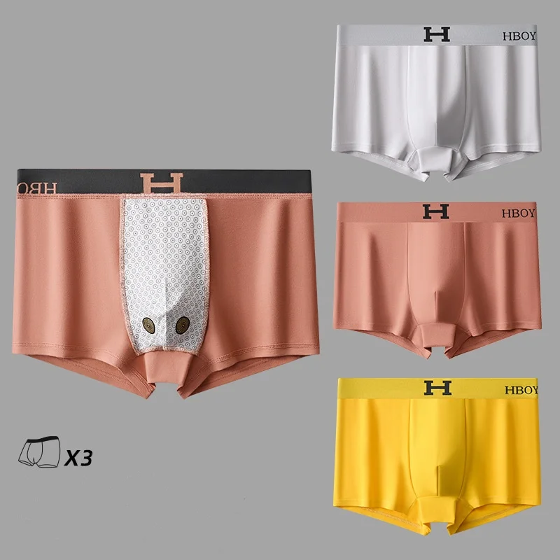 1/3PCS Ice Silk Magnet Temperature Change Men Underwear Flat Angle Pants Magnetic Crotch Antibacterial Mid Waist Four Angle Pant