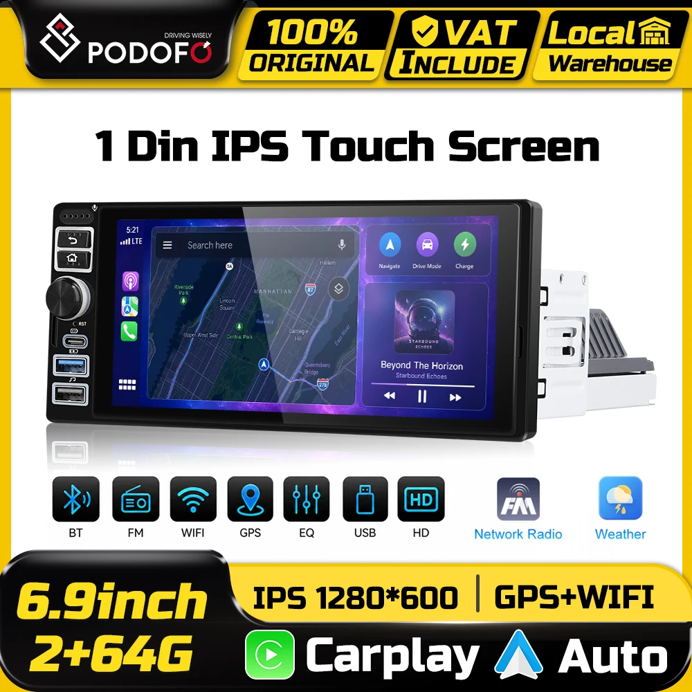 Podofo 6,9-Zoll 2+64G Android Multimedia Autoradio Drahtloses CarPlay Auto Smart Intelligentes System FM RDS Stereo EQ Mirror Link GPS-Navigation