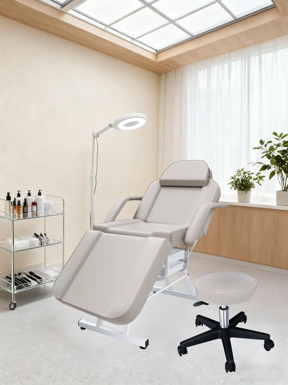 Adjustable Facial & Massage Table with Headrest & Rolling Stool for Salon Spa Lash Tattoo Barber, Light Gray, Customized