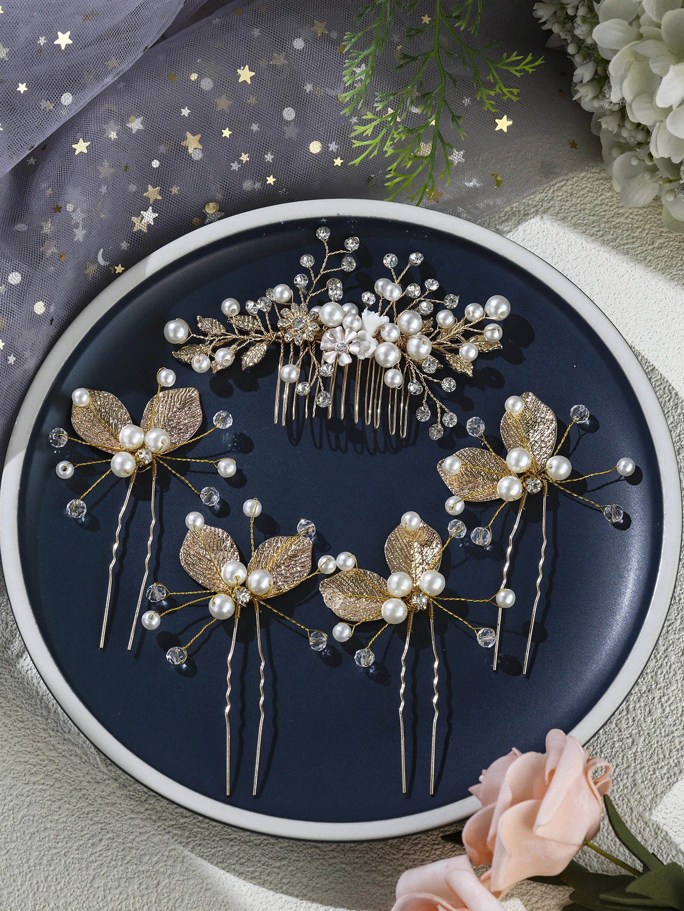 

Gold Leaf Handmade Hair Combs & Pins Set 5PCS Fashion Rhinestone Pearl Princess Side Clips Important Occasion Headdress Jewelry