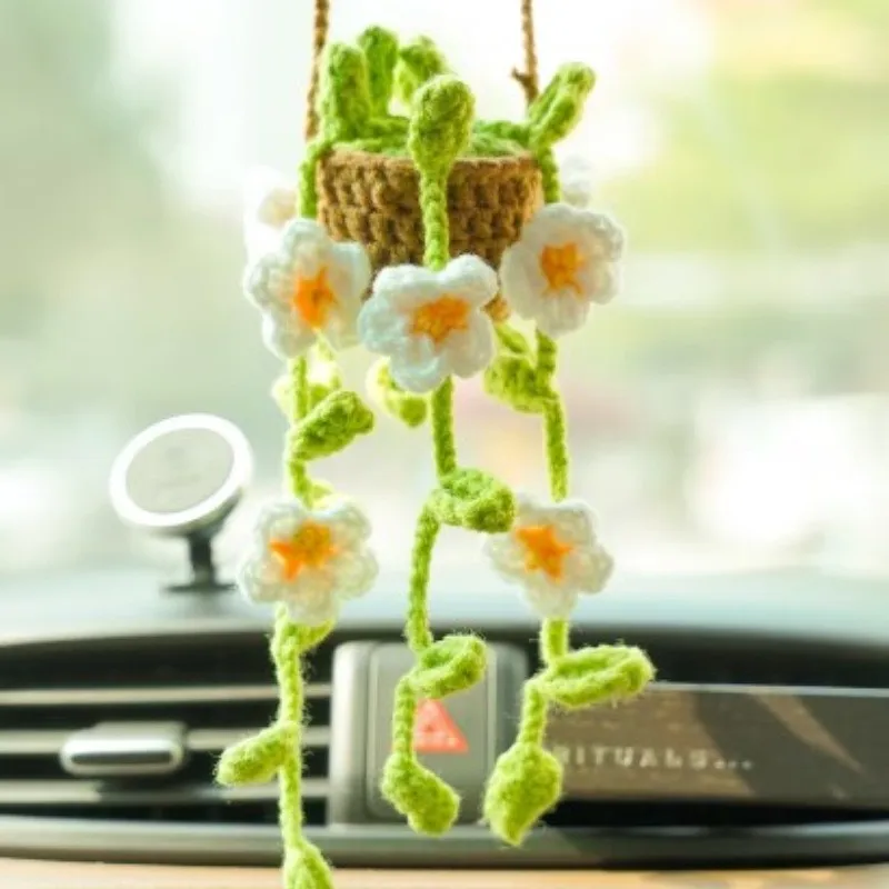 NEW Cute Potted Plants Crochet Car Basket,Hanging Flower Crochet  Car Decor,Car Ornament Rear View Mirror Hanging Accessories