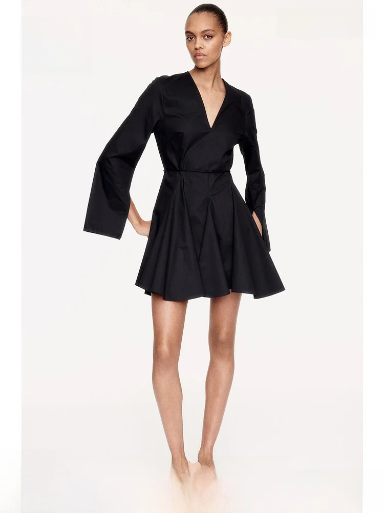 

Ele V-Ne Long Sve ort Flared Skirt Dr Women's Spring Faion Belted Waist H&M Cotton Blend Polyester Nylon