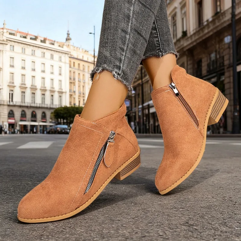 2025 Autumn and Winter New Women's Bare Boots European Round Toe Suede Side Zipper Simple Single Shoes