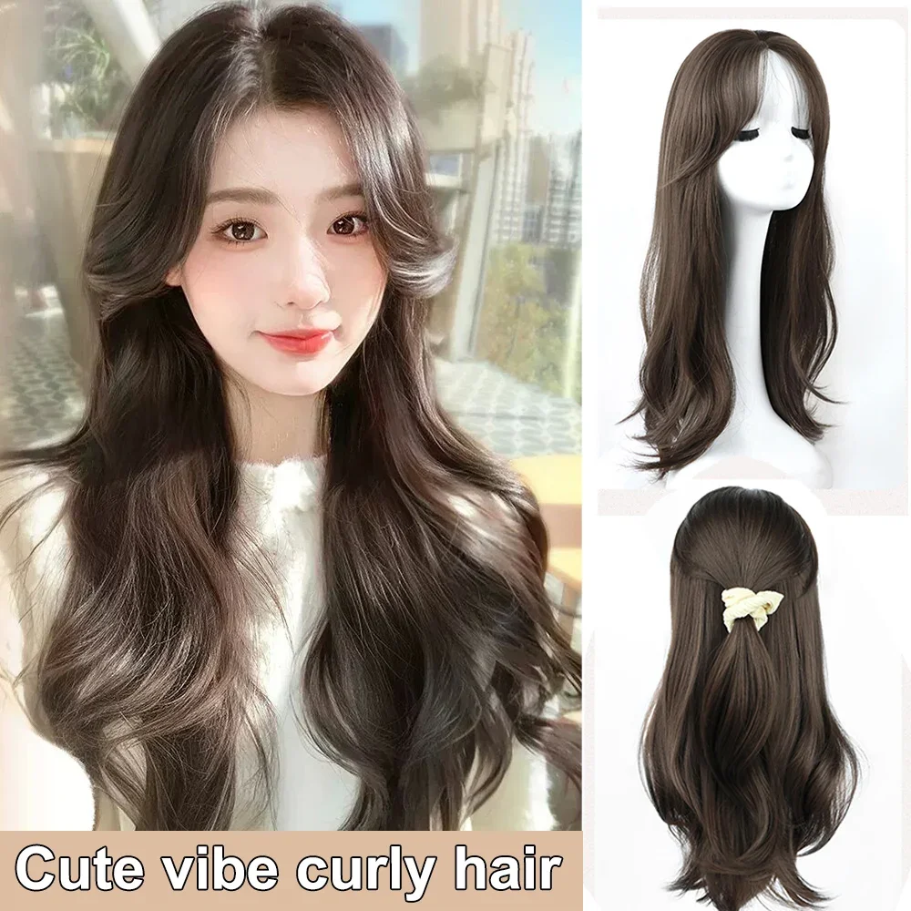 ALXNAN Natural Long Straight layered Wigs Synthetic Brown Wig for Woman Daily Cosplay Middle Part Heat Resistant Fiber