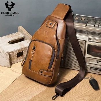 HUMERPAUL-Sac à bandoulière en cuir de vachette pour homme, sac à dos à bandoulière, sacs latéraux, chargement USB, décontracté, voyage, mode initiée