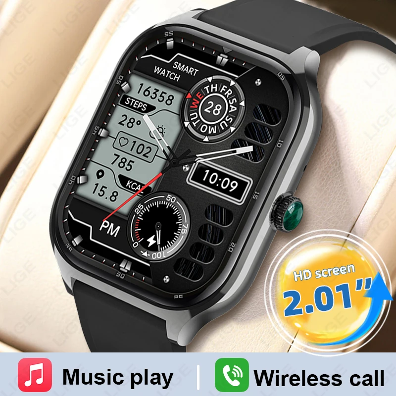 

LIGE новые умные часы для мужчин, Bluetooth-вызов, монитор сердечного ритма, сна, здоровья, 2,1-дюймовый экран, управление музыкой, водонепроницаемые умные часы
