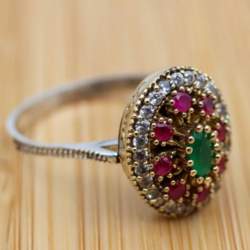 Anillo bohemio de circonia cúbica roja de dos tonos dorado para mujer, anillo plateado, anillo turco hecho a mano, regalos de joyería para fiestas diarias y vacaciones
