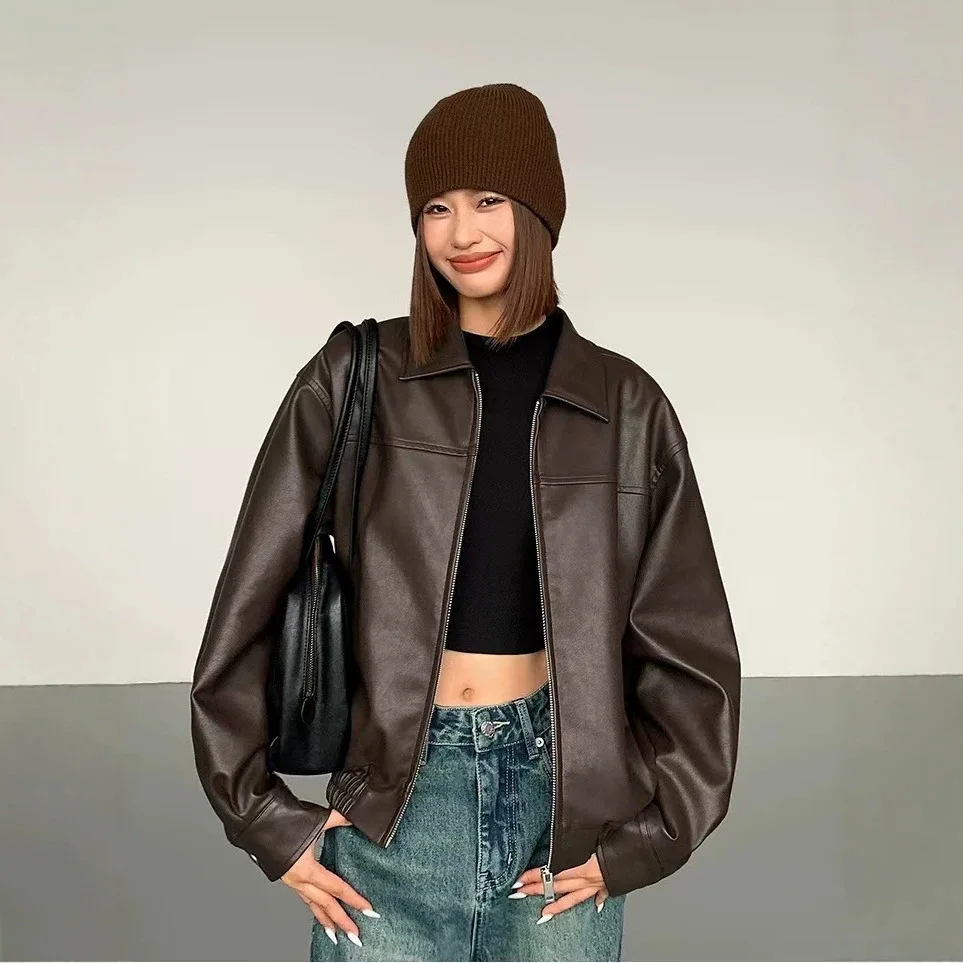 Women's Faux Leather Jacket Turn Down Collar Long Sleeve Stylish Slim Fit Comfortable Trendy Versatile Casual Daily Wear Jacket