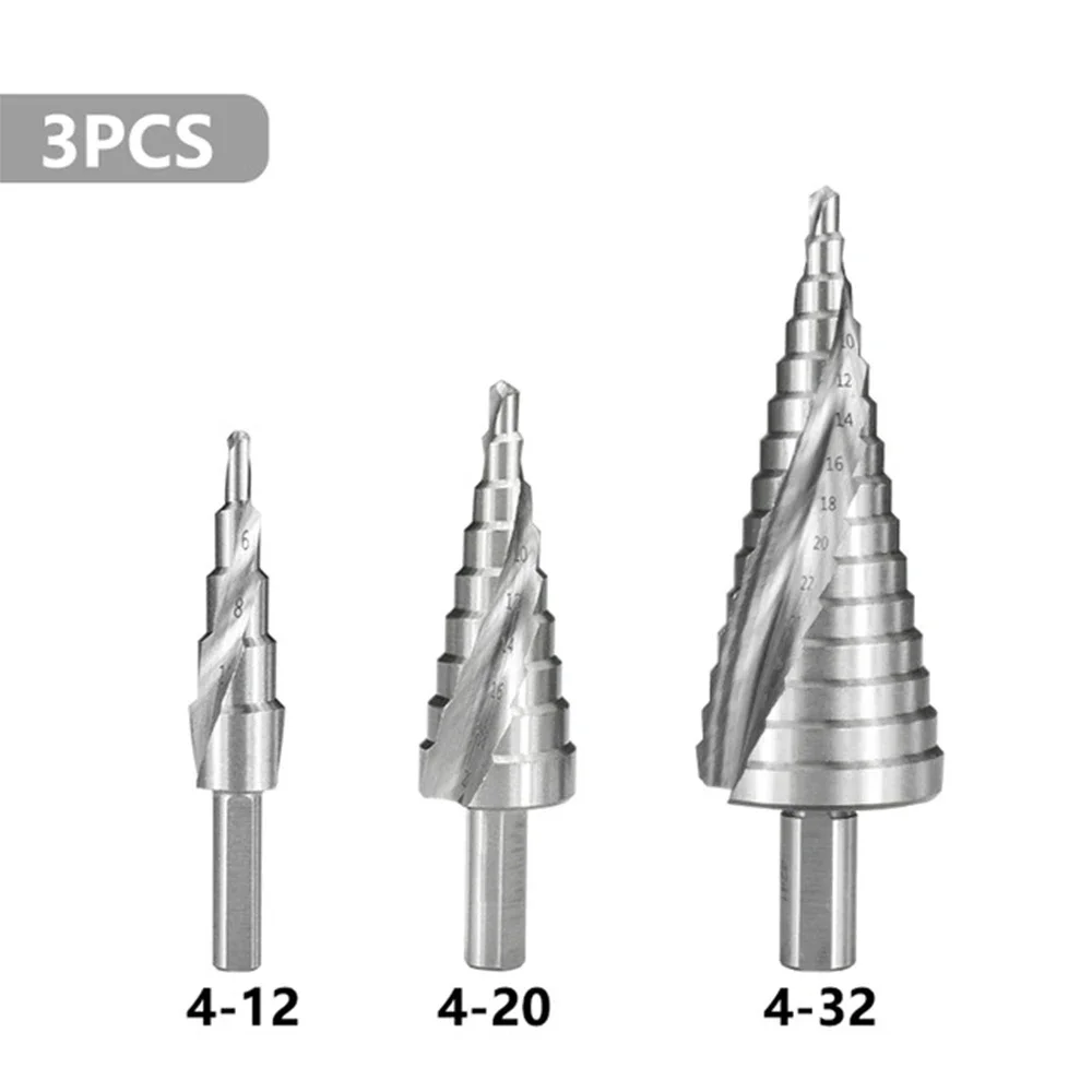 HSS Step Drill Bit 3pcs 4-12 4-20 4-32mm Spiral Groove Wood Metal Hole Cutter Round Shank  Cone