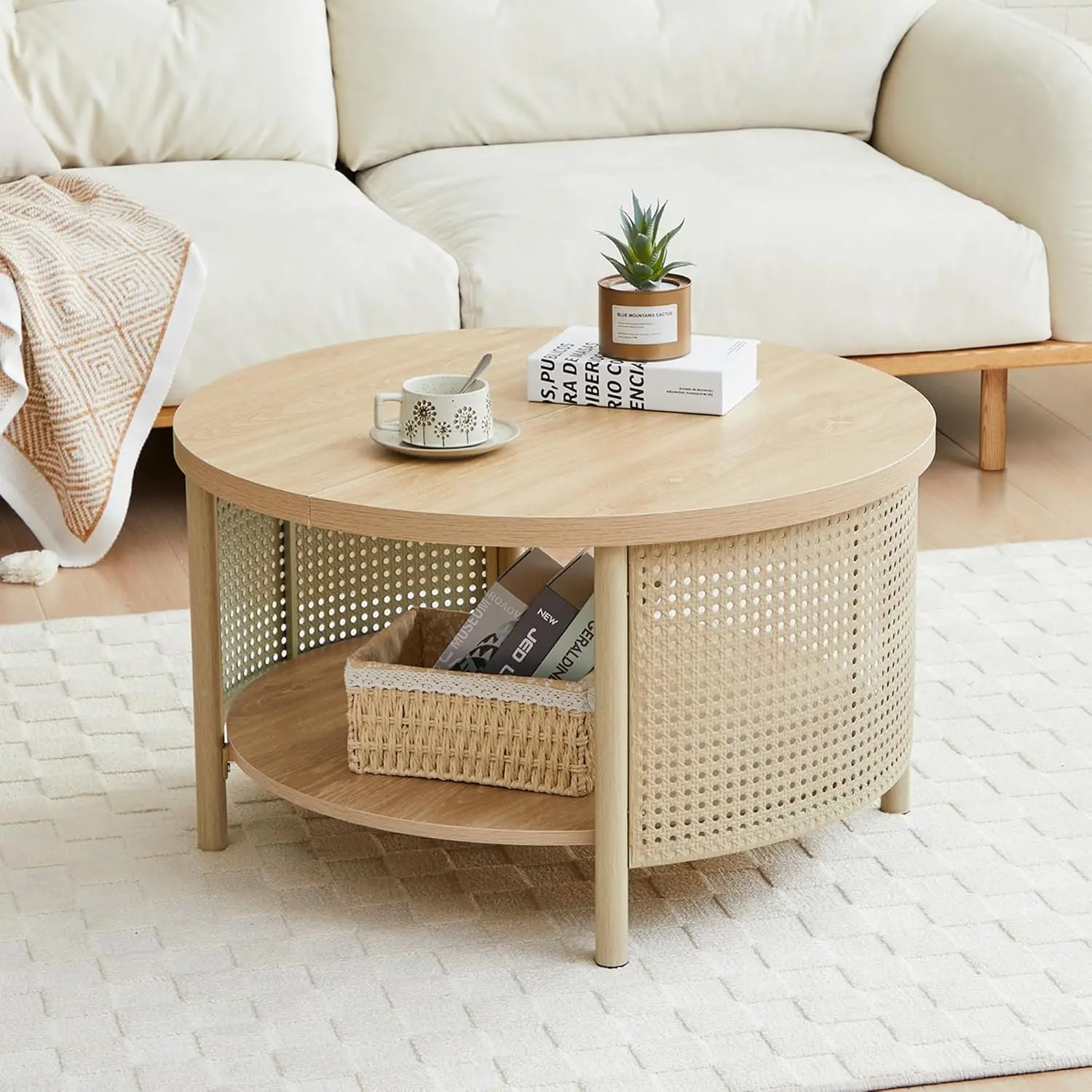 طاولة قهوة مقاس 31.5 بوصة مع ديكور من الروطان المعدني، طاولة قهوة مستديرة مع رف تخزين لغرفة المعيشة، منزل بوهيمي للمزرعة #1