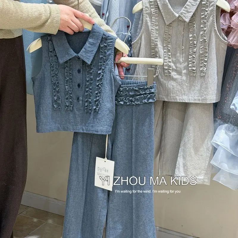 Girls Premium Sleeveless Vest Set Spring Summer New Little Girl Korean Stylish Vest Wide Leg Pants Two Piece Set
