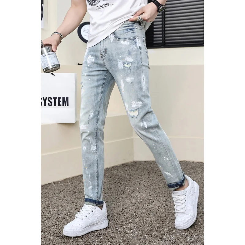 2024new fashion spray paint splash-ink design jeans men's ripped men's stretch comfortable slim fit skinny high-end trousers