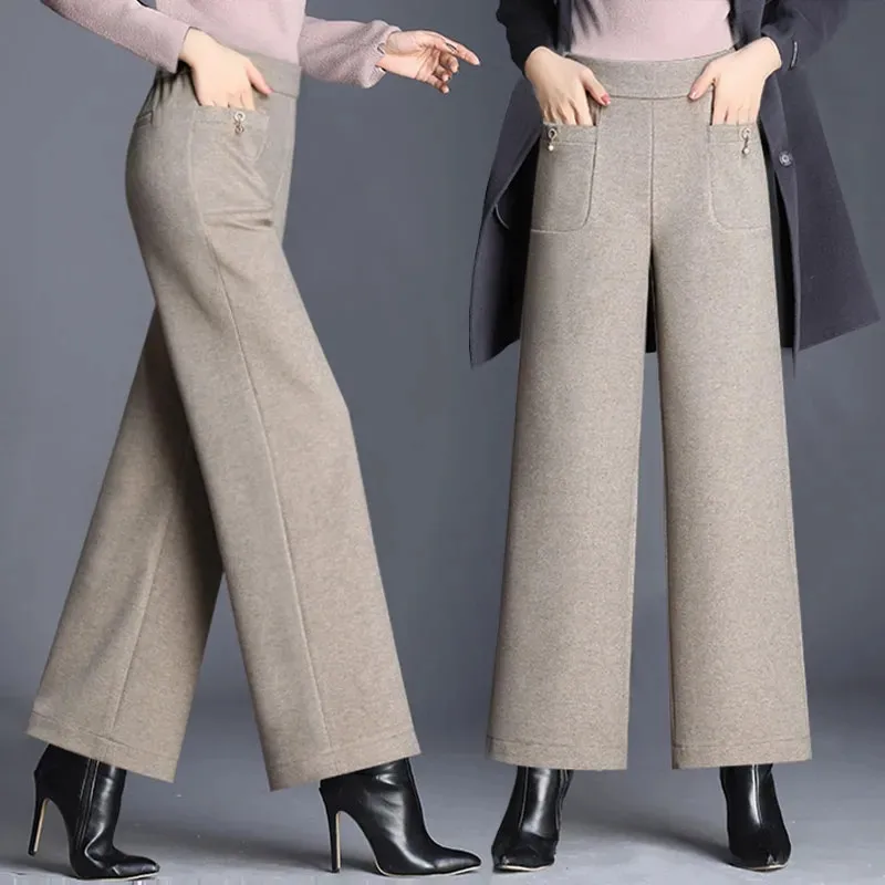 

Woolen Wide-leg Pants Women's Autumn Winter New High-waisted Thickened Draping Straight Leg Long Pants Female Baggy Trousers 4XL