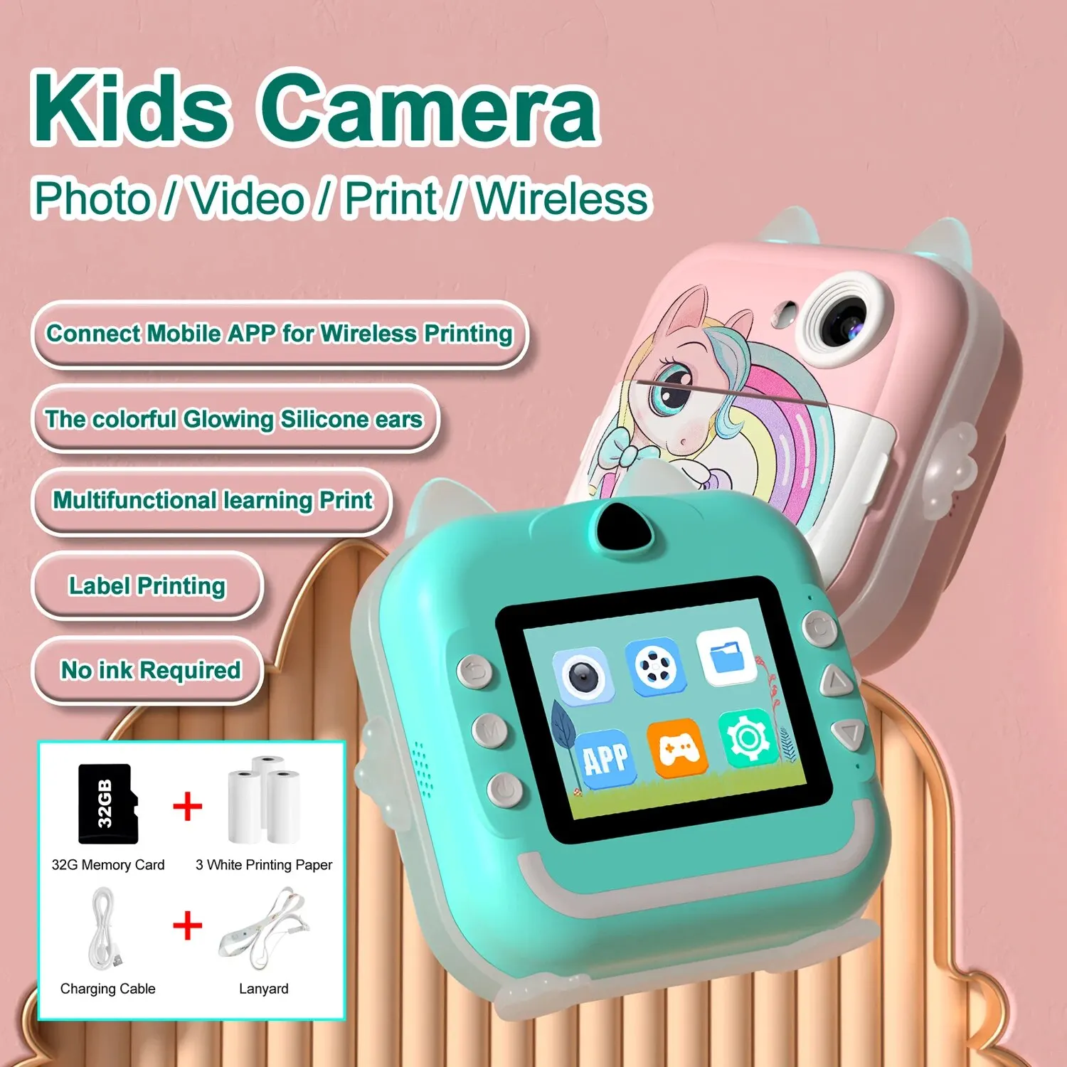 Children Print Camera Photo Instant Print Mini Digital Video Camera Print Thermal Paper Photography Game Educational Toys Gift