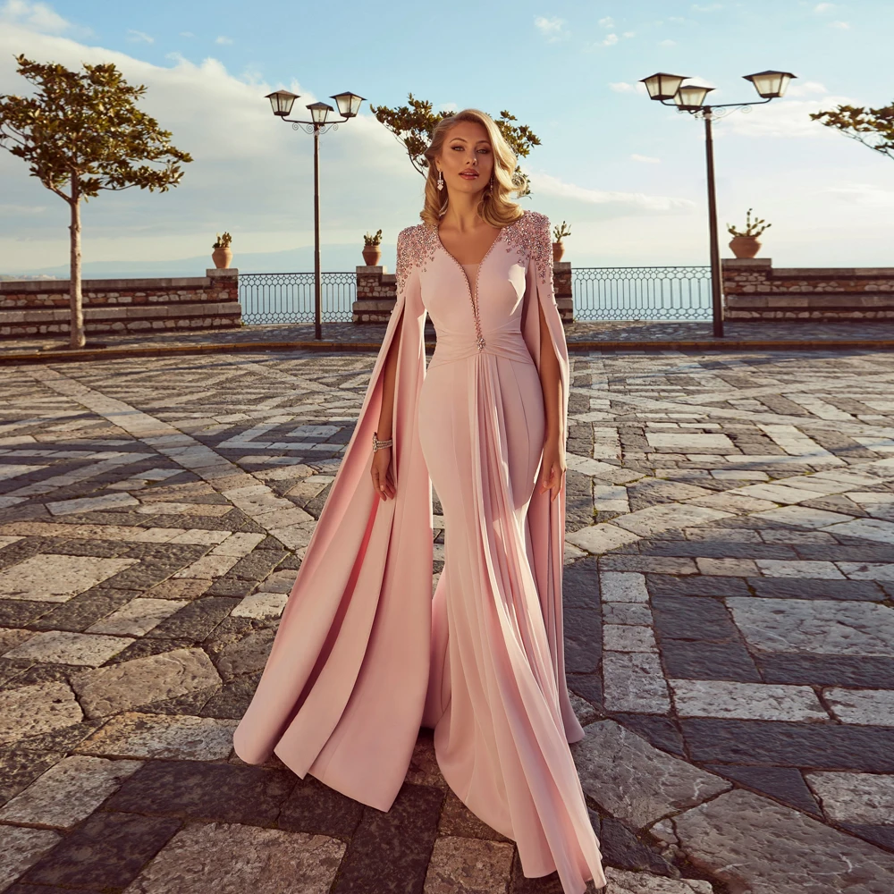 Exquisitos vestidos de sirena rosa para madre de la novia, vestidos de fiesta de boda de manga larga con cuello en V, abalorios hasta el suelo