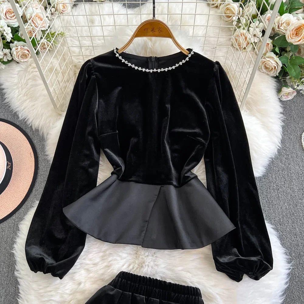 Elegant Long Sleeves Vintage O-neck Rhinestone Ruffle Velvet Top High Waist Split Skirt Korean High Street Autumn Winter Sets