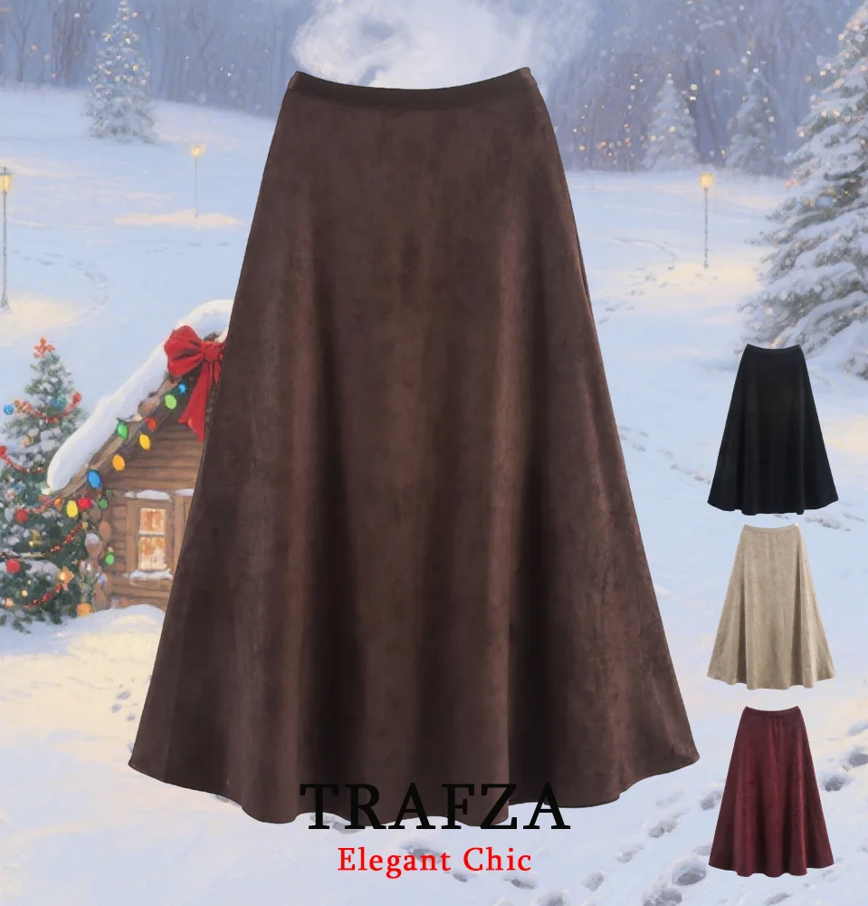 

TRAFZA Women Fall Winter Suede Midi Skirt Vintage Elegant Slim Elastic Waist A-Line Skirt 2025 Fashion Simple Casual Lady Dress
