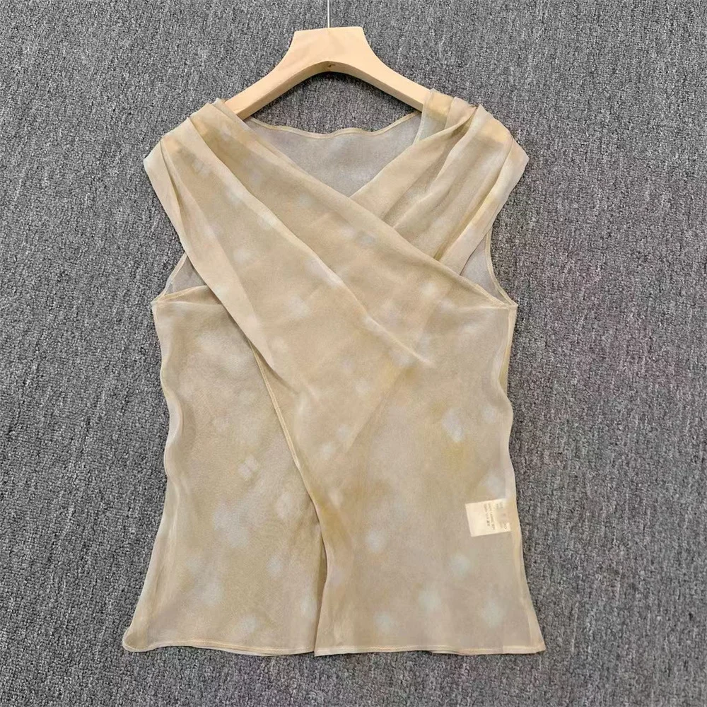 

Summer Women's Cross-Print Silk Top Elegant Sleeveless Shirt
