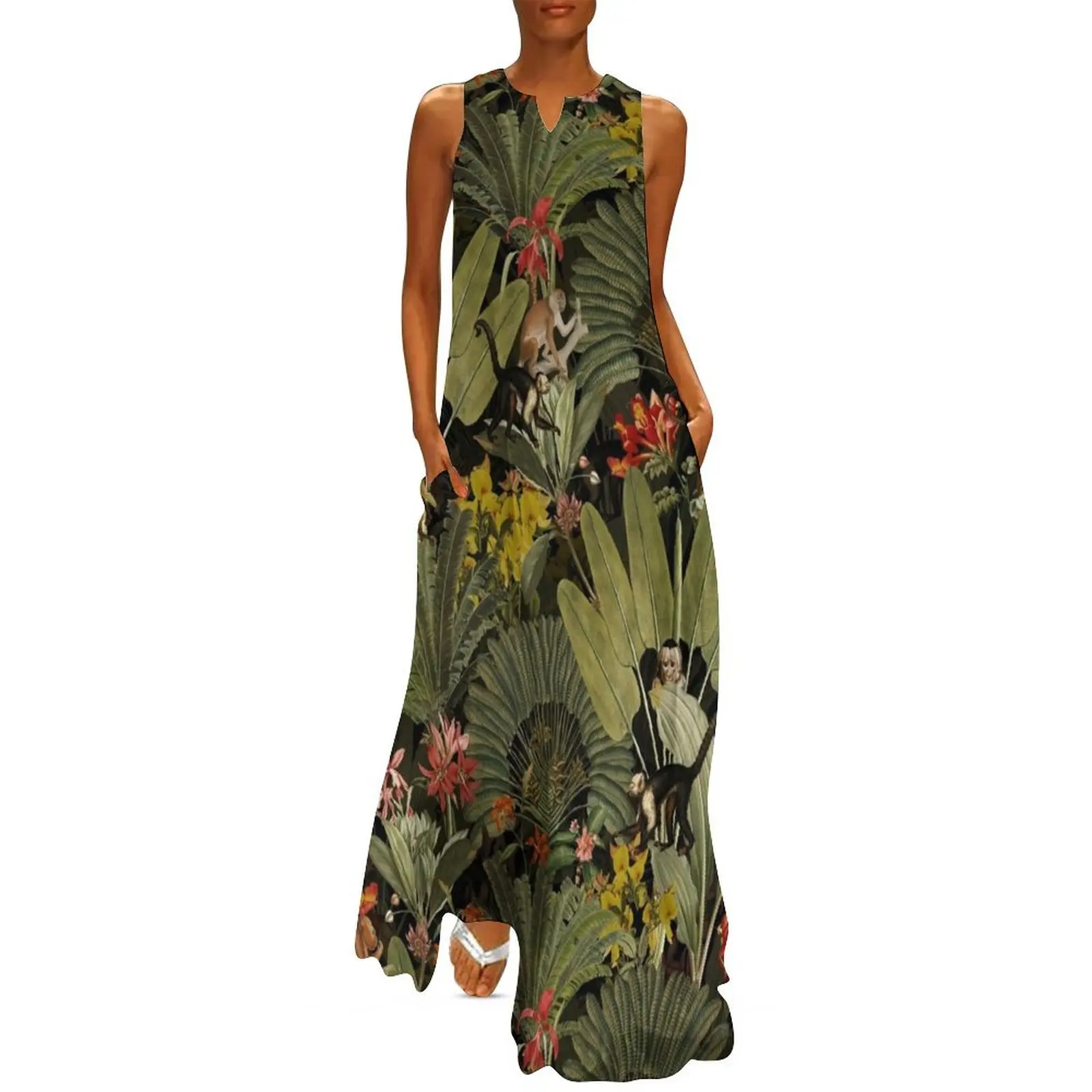 

Tropical Exotic Vintage Midnight Jungle Monkeys Night Garden Long Dress Women dresses summer dress for women summer Dress