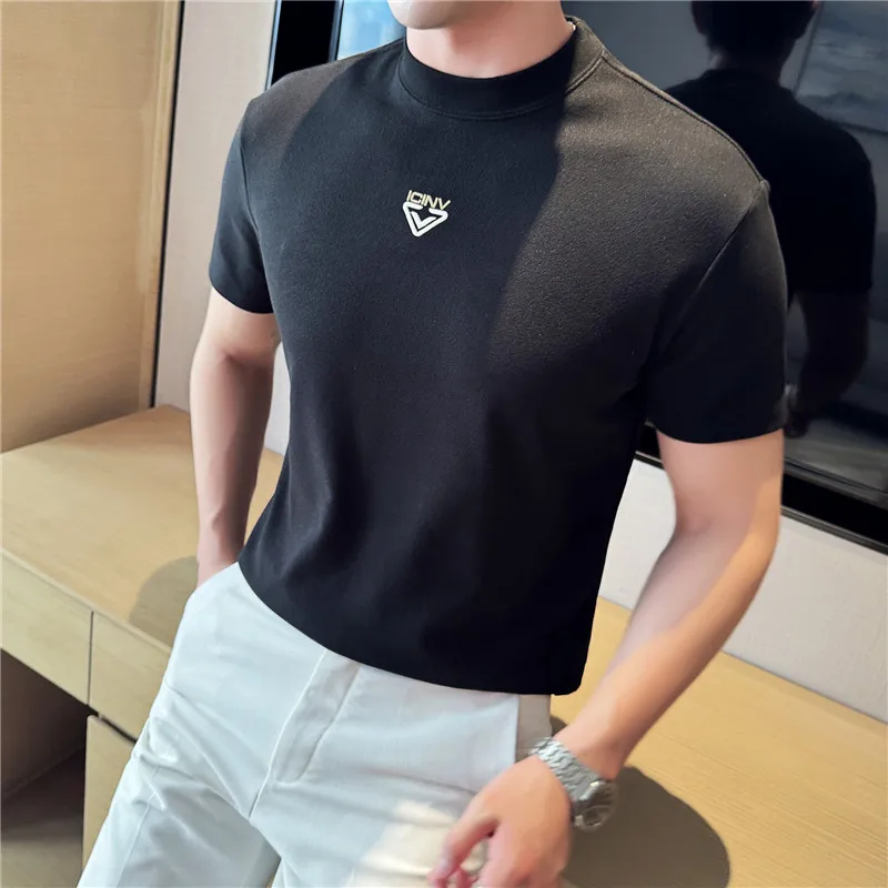 Autumn Winter Fleece High Neck T-shirt for Men Slim Fit Short Sleeve Bottoming Shirt Casual Busines Tee Tops Men Clothing