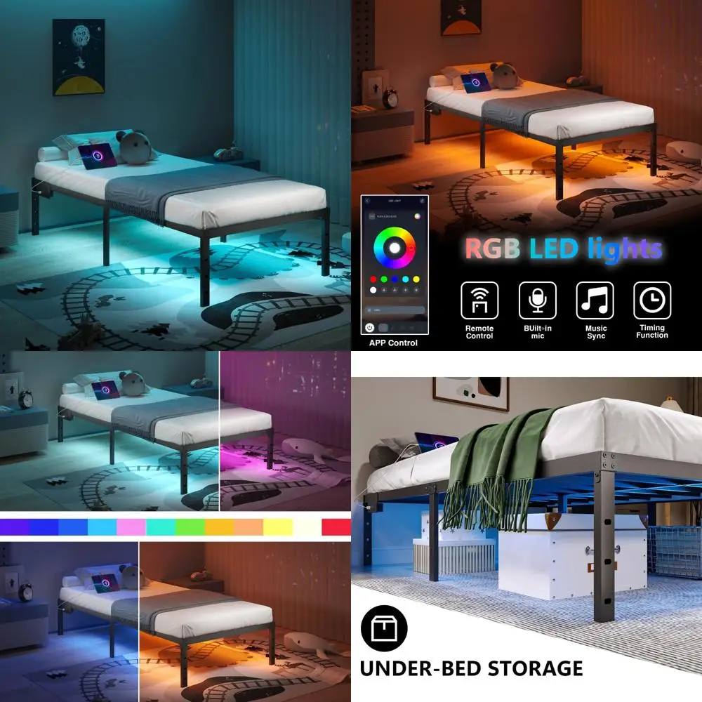 

Каркас двуспальной кровати со светодиодной подсветкой и зарядной станцией — 18-дюймовая сверхпрочная металлическая платформа, коробчатая пружина не требуется, простая сборка, длинный хвост