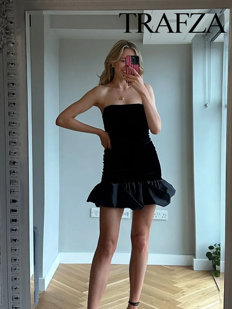 

TRAFZA Summer Fashion Women Slim Dresses Black Strapless Sleeveless Backless Zipper Dresses Female High Street Sexy Mini Dress