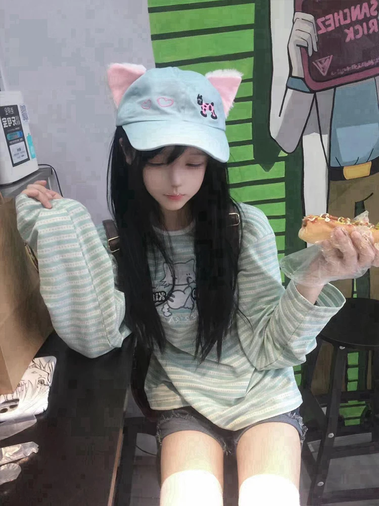 المرأة اليابانية الحلو القط التطريز شريط تي شيرت الخريف عادية فضفاض كم طويل بلايز Y2K Harajuku Kawaii موضة تيز جديد #3