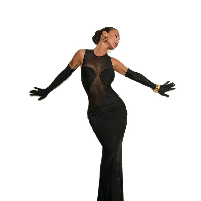 AliExpress セクシーな女性のメッシュスプライシングシースルー気質ノースリーブスリムハイエンドレッドカーペットヒップラッピングドレス女性用