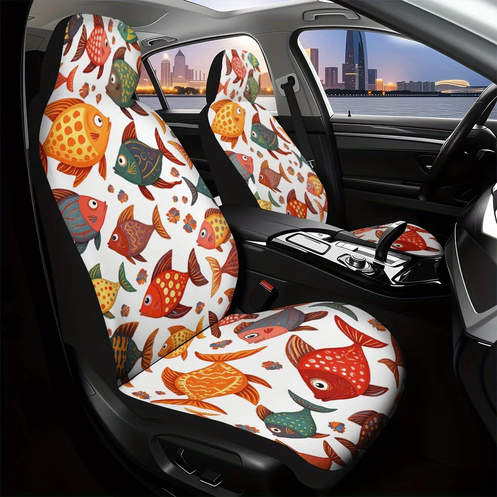 

2pcs, Fashionable Casual Colorful Fish Ocean Print Car Seat Covers, Suitable For Most Models, Foldable And Washable, Perfect Gif