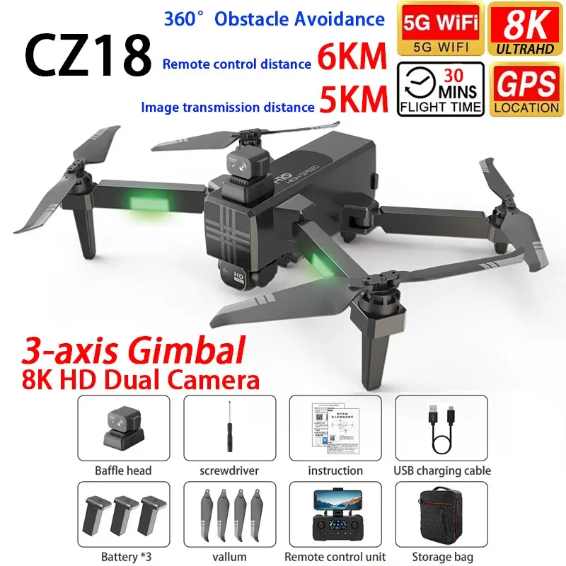 CZ18 Professional Drone GPS WIFI FPV 6KM 3-axis Gimbal 8K Dual Camera 360° Obstacle Avoidance APP Control Quadcopter