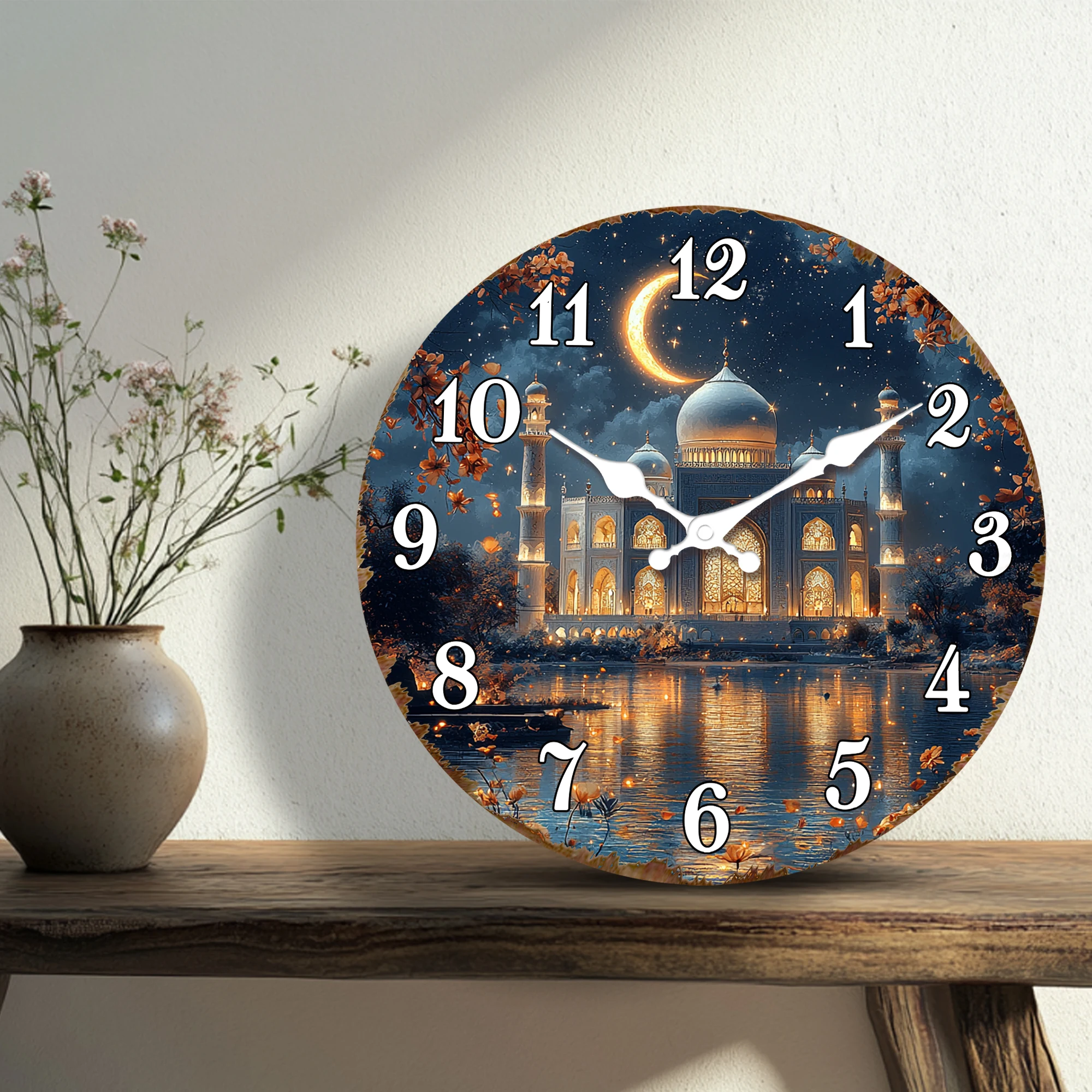 Illuminated Mosque at Night with Crescent Moon Wall Clock, Islamic Architecture Theme Round Decorative Clock, Serene and Spiritu