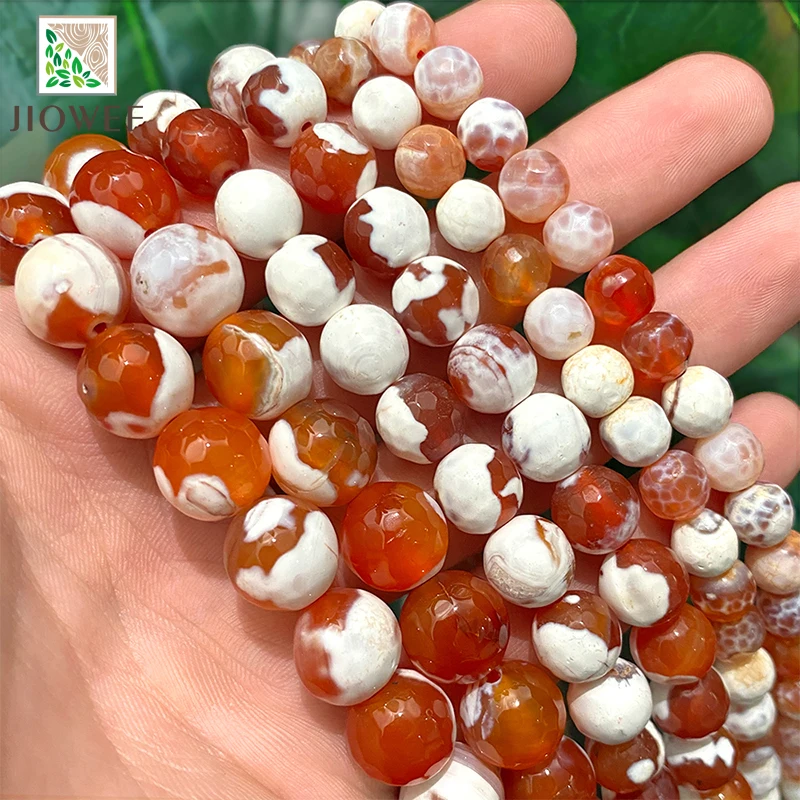 Natural Faceted White Red Frost Cracked Fire Carnelian Onyx Agates Round Beads 15'' Strand 6/8/10/12mm Diy Bracelet Accessories
