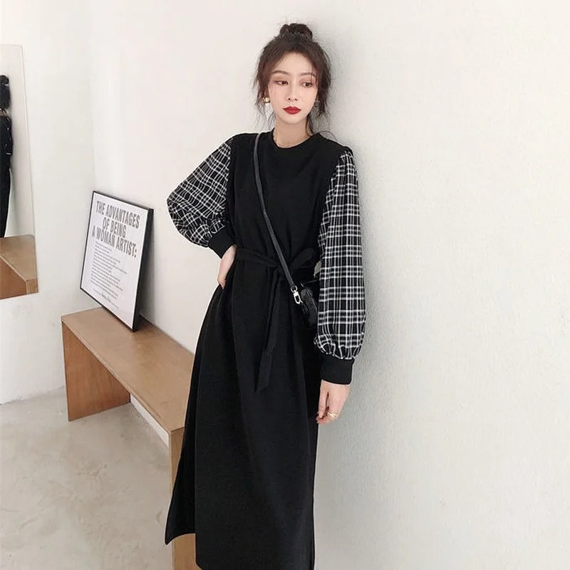 Long Sleeve Dresses Women Femme French Style Elegant Lady Patchwork Plaid Warm Retro Thickening M-3XL Mid-calf O-neck Aesthetic