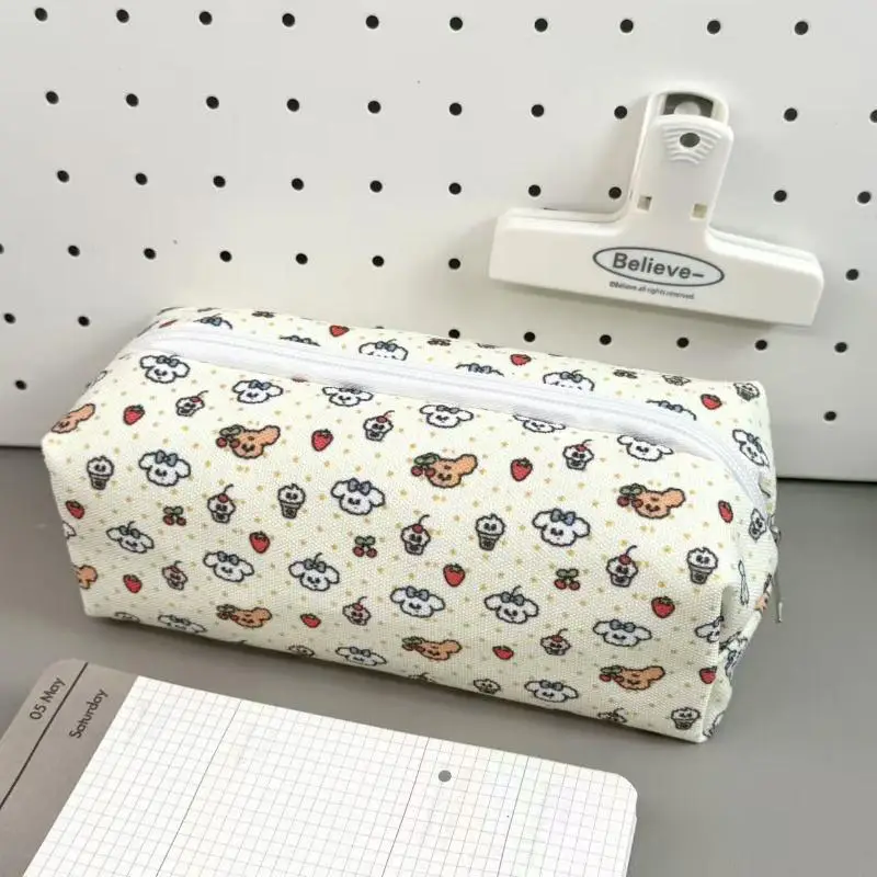 Cute Cartoon Animal Floral Pencil Pouch Canvas Zipper Stationery Bag For School Office And Daily Use Student Stationery Supplies