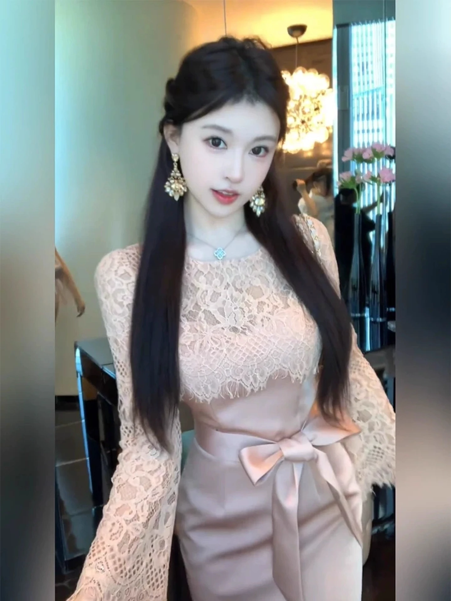 

Pure Desire Sexy Lace Splice Bell Sve Dr Women's Autumn Winter Slimming Waist Tie Long Skirt Ci Commuting Date Par ...