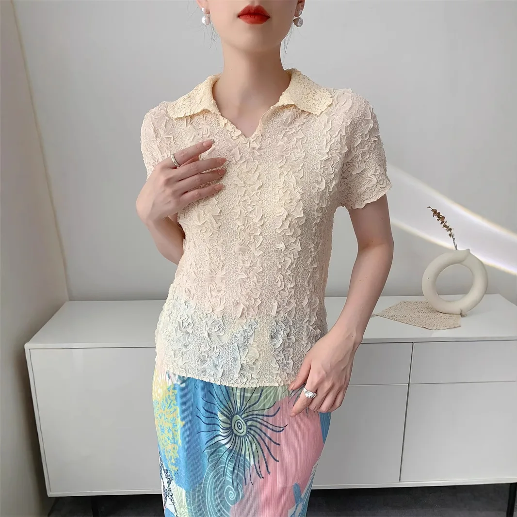 

Miyake Style Pleated Top for Women 2025 New Solid Color Handmade Pleated Lapel Short Sleeve Casual Versatile T-shirt for Women