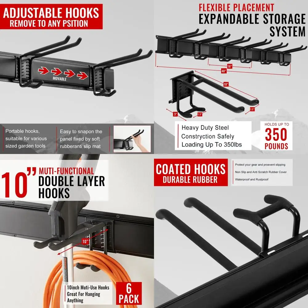 

Настенное крепление органайзера для гаражных инструментов — сверхмощная стойка для хранения 48 дюймов с 6 регулируемыми крючками, вмещает 350 фунтов, вешалка для садовых инструментов или навесом
