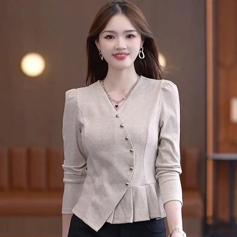 Women Clothing Korean Fashion Ruffled V Neck Slim Asymmetrical T-shirt Office Lady Elegant Chic Solid Long Sleeve Commute Tops