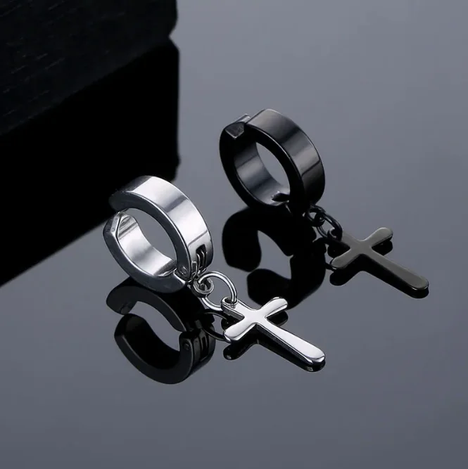 2 Pcs Stainless Steel Clip On Earrings For Women Men Black Gold Color Cross Gothic Punk Rock Drop Pendiente Non Piercing Jewelry